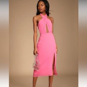 Bright Pink Twist Halter Midi Dress